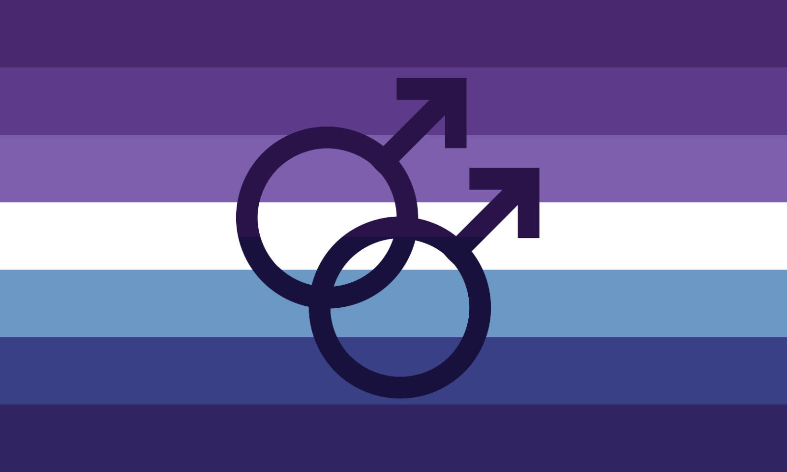 7-stripe version of the new purple blue gay man flag, with interlocking mars symbol